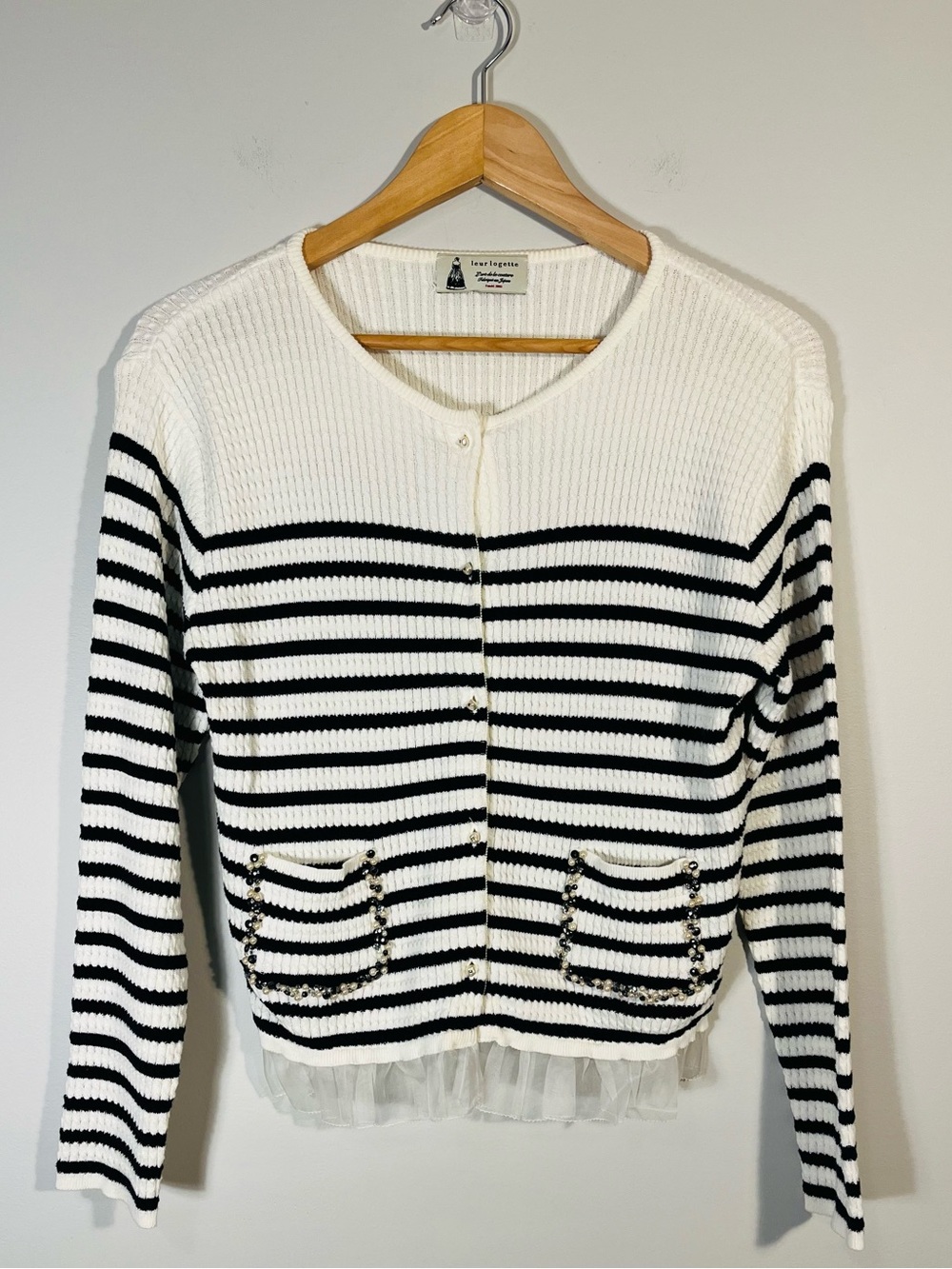 Leur Logette Embellished Striped Black & White Cotton Silk Cardigan Sweater 3